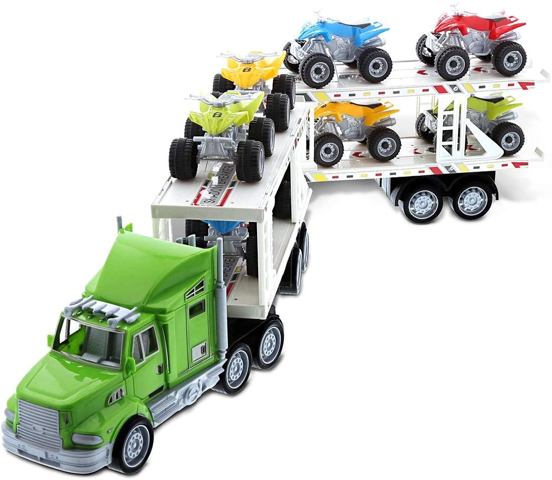 Mozlly Friction-Powered ATV Monster Truck Hauler Playset For Boys and Girls - Cute Monster Truck and Trailer Toy, Perfect ATV Car Carrier Toy for Kids, Monster Truck Playset Gift - Styles May Vary