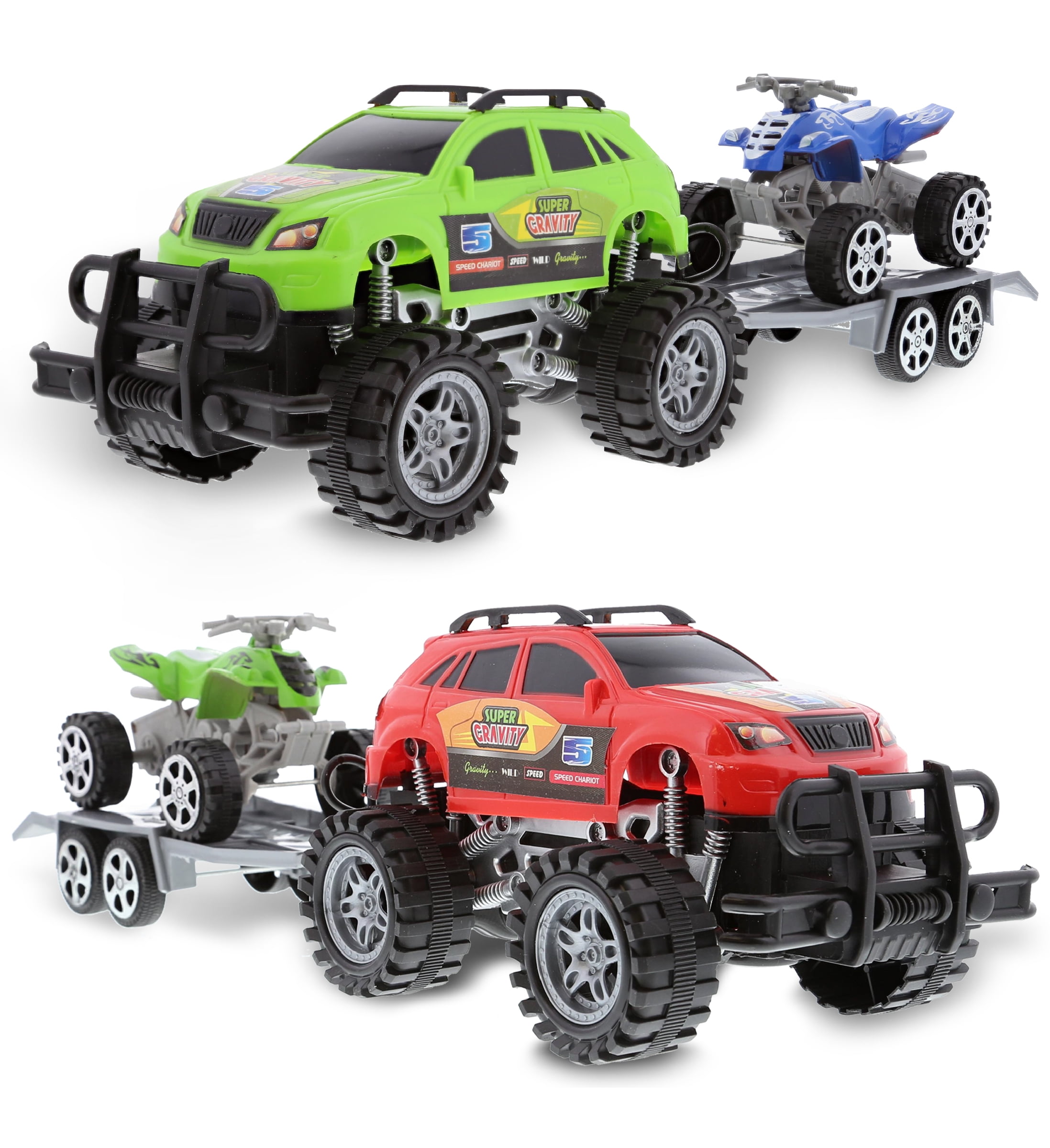 Mozlly Friction Powered Monster Trucks with ATV Towing Trailers - 2 Monster Truck Sets with Removable Hook Up ATV Toy Truck and Trailer Set, Realistic Kids Monster Truck Toys for Boys and Girls
