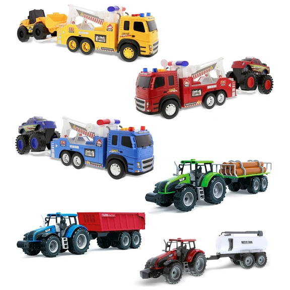 Mozlly Friction Powered Transport Truck Toy Set Includes 3 Emergency Tow Trucks with 3 Big Racing Trucks and Bulldozer, 3 Farm Tractor Cars with Water Tank, Log Hauler, Tractor Style May Vary