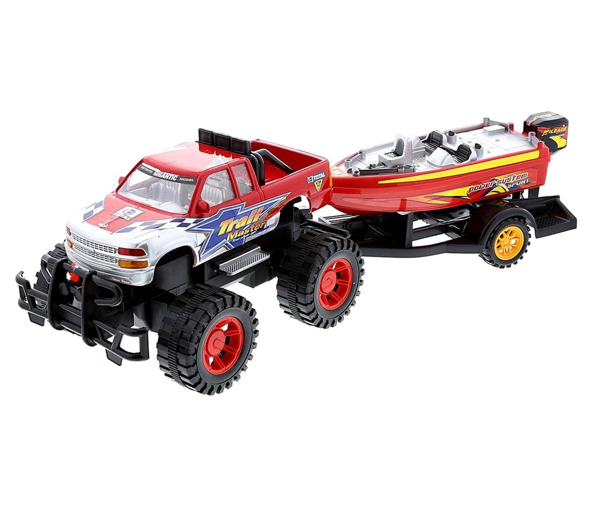 Mozlly Monster Truck Toys Set with Trailer Toy Boat - Friction Powered Hauling Truck and Trailer Toy, Big Toy Monster Truck with Boat, Adventure Truck Pulling Boat Toy Monster Trucks for Kids - 9 Inch