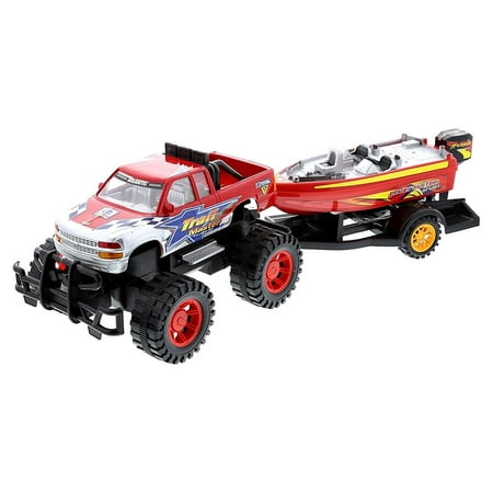 Mozlly Monster Truck Toys Set with Trailer Toy Boat - Friction Powered Hauling Truck and Trailer Toy, Big Toy Monster Truck with Boat, Adventure Truck Pulling Boat Toy Monster Trucks for Kids - 9 Inch