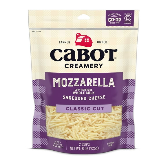 Cabot, Classic Cut, Whole Milk, Mozzarella Shredded Cheese, Refrigerated 8 oz Plastic Pouch
