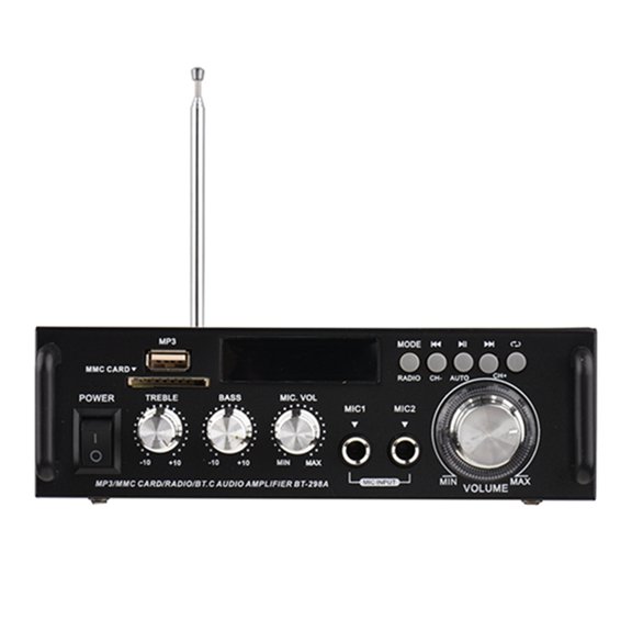 Mp3 12V / 220V Mini Audio Power Amplifier 2CH 300W+300W For Car Home Use BT Digital Audio Receiver AMP USB Memory Card Slot Digital MP3 Player FM Radio LCD Display Dual Mic Input