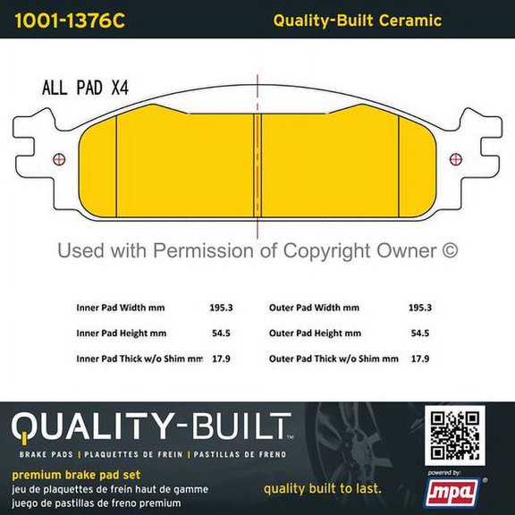 Mpa Electrical 1001-1376C Quality Built Disc Brake Pad, Premium, Ceramic,