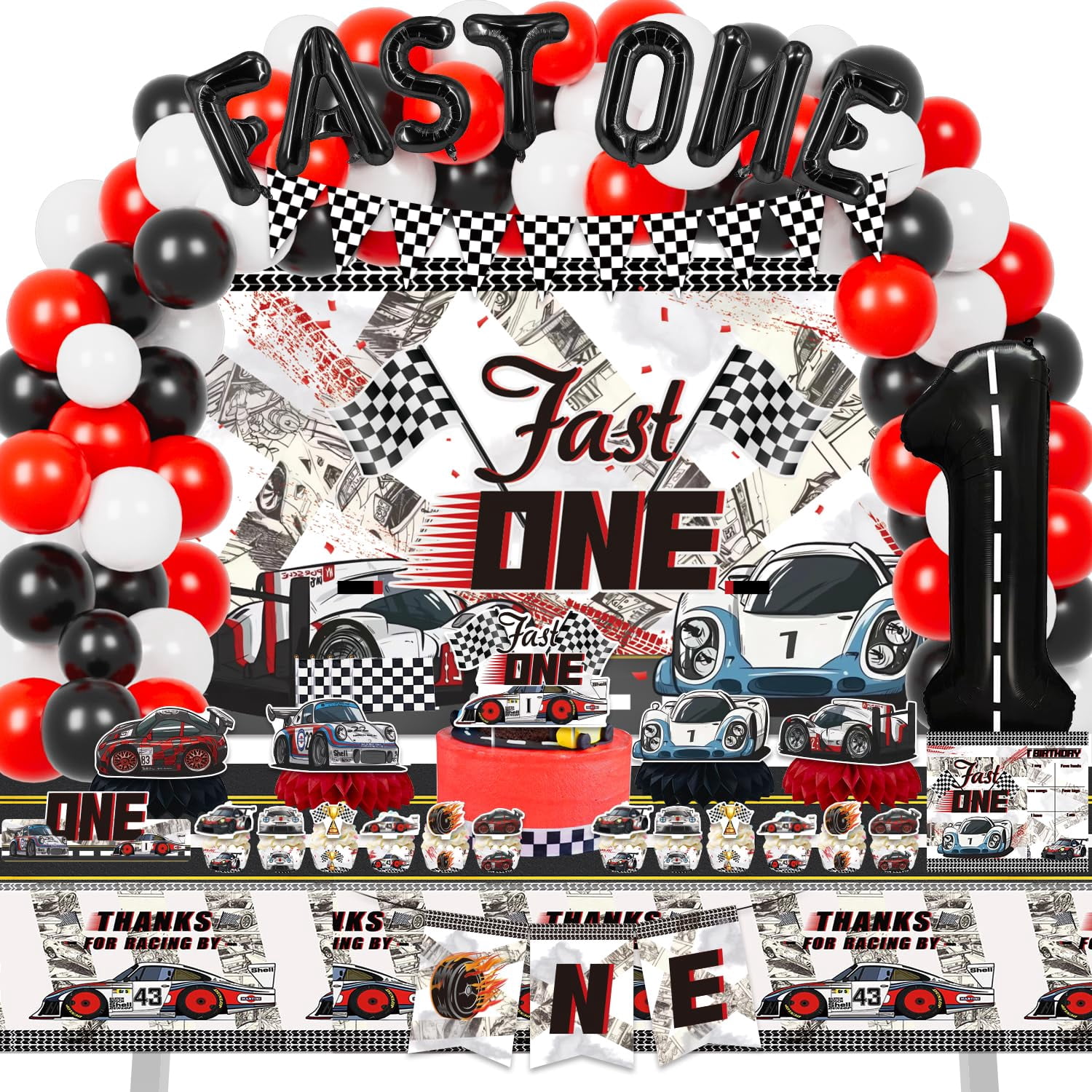 Mpanwen Fast One Birthday Decorations for Boys, 153 Race Car Birthday Party Supplies - Backdrop, Toppers, Cupcakes Wrappers, Tablecloth, Flags, Centerpiece, Highchair Nanner, Crown and Poster A101