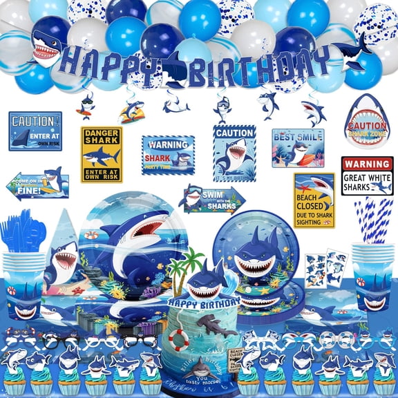 Mpanwen Shark Supplies, 216Pcs Shark Themed Birthday Decorations Decor - Banner, Paper Glasses, Balloons, Cake Toppers, Plates, Tablecloth, Hanging Swirls, Wall Signs Serves 16 Guests Y101