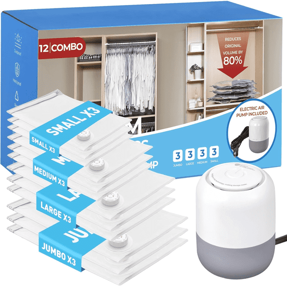 12 Pack Vacuum Storage Bags with Electric Pump,Storage Clothes Bags,Reusable Shrink Vacuum Bags for Travel,Space Saver Vacuum Storage Bags,Compression Seal Bags for Clothing,Luggage,Pillows