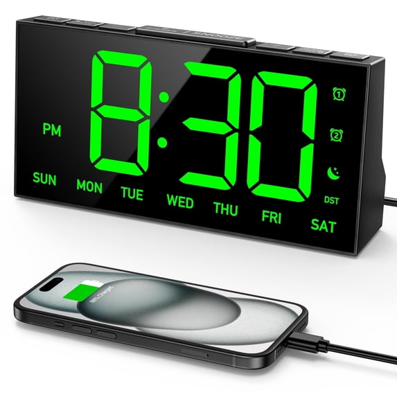 Mpow Alarm Clock for Heavy Sleepers, Digital Alarm Clock for Bedroom, Adjustable Brightness, Customizable Alarms, Automatically Dim at Night, Progressive Volume,DST, Alarm Clock for Kids Adults Green