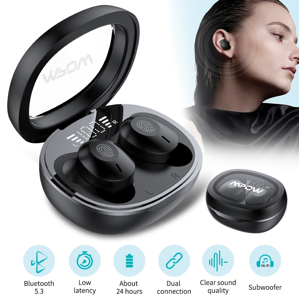 Mpow Bluetooth 5.3 Wireless Headphones Waterproof TWS Deep Bass in Ear Earbuds LED Digital Display Touch Control Earphone Black