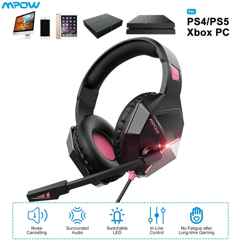 Mpow EG10 Gaming Headset PC Wired Headset with Bass Surround Noise Cancelling Mic Ultra Light Over Ear Headphones LED Light for PS4 PC Xbox One Pink Walmart