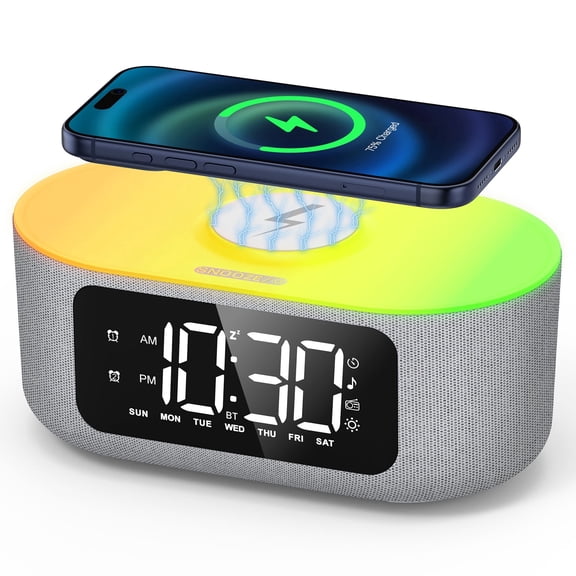 Mpow Fabric Alarm Clock for Bedroom, Fast Wireless Charging Clock with Big Led Screen Display, Clock with Stereo Sound, USB Charging Port,RGB Nightlight, White Noise (Gray)