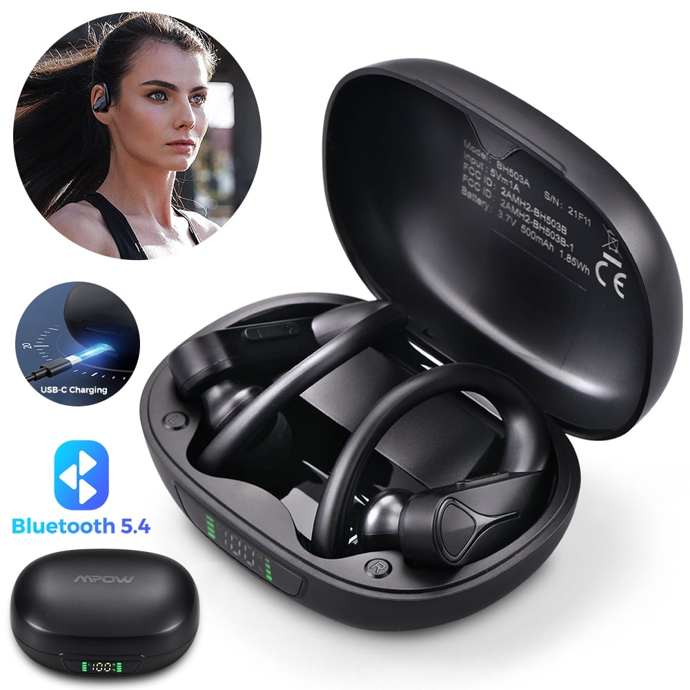 Mpow Flame Solo Bluetooth 5.4 Sports Earbuds - IPX7 Waterproof Ergonomic Ear Hooks, 28H Playtime USB - C Fast Charge, ENC Noise Cancellation HD Bass for Running Workout