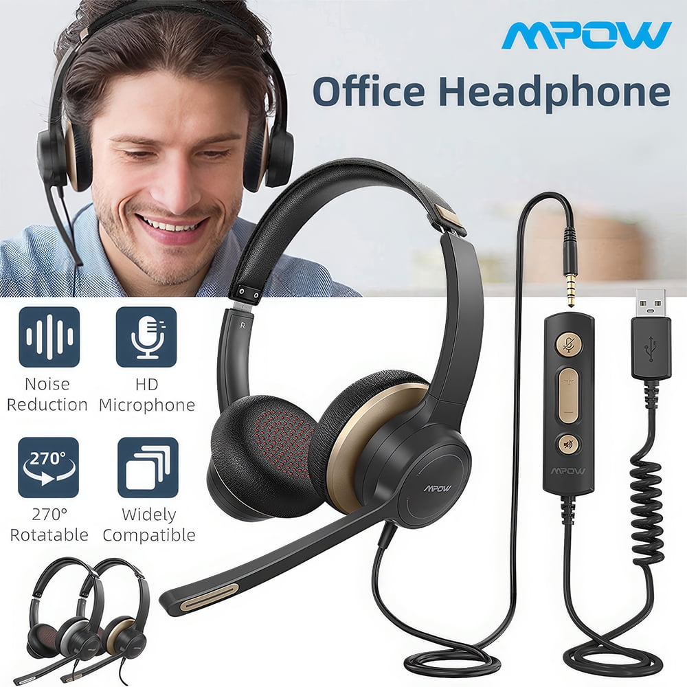Mpow HC6 USB Headset On Ear 3.5mm Jack Call Center Headphones Comfort fit Office Computer Earphone with 270 Degree Boom Mic in line Control Black Gold Walmart