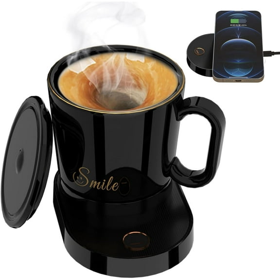 Mpow Hands-Free Heated Stirring Cup One-Touch Mixing, Fast Heating, Built-in Wireless Charger, 300ml Ceramic Design