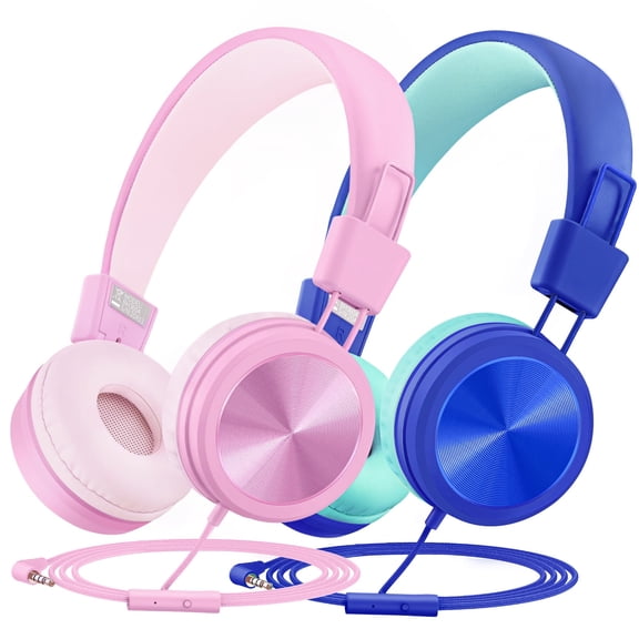 Mpow Kids Headphones with Microphone(2 Pack), Stereo Wired Headphones for Kids 91dB Volume Limited & Share Port, Foldable Adjustable Kids Headphones for School Tablet Airplane