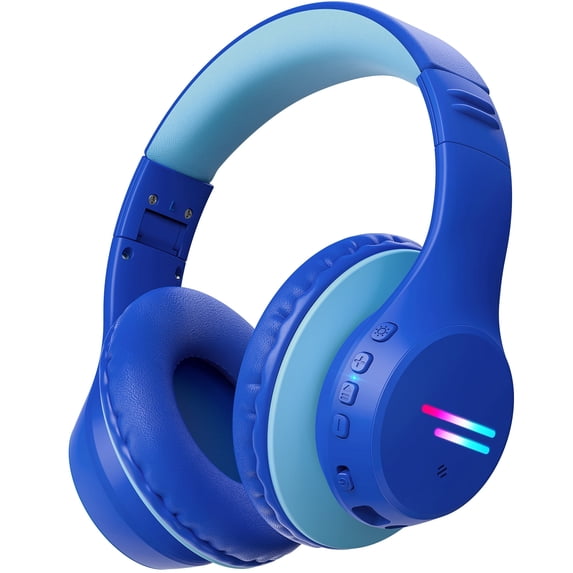 Mpow Kids Headphones Wireless, Kids Headsets with Microphones & Colorful LED Lights, 74/85/94dB Safe Volume, 90H Playtime, Fast Charging, Over Ear Toddler Headphones for School/Tablet/Airplane,Blue