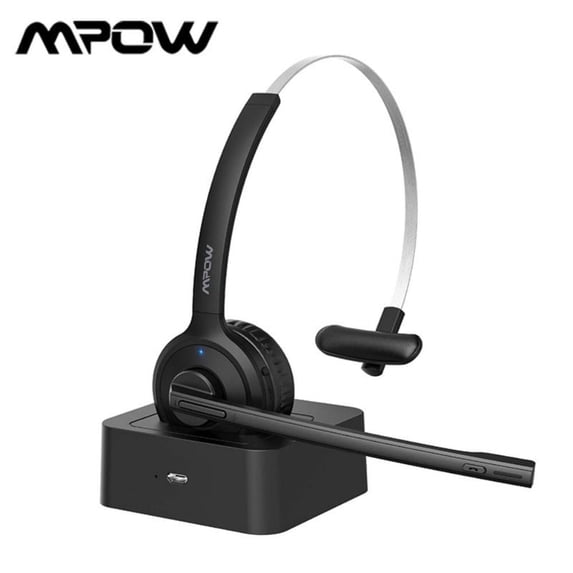 Mpow M5 Bluetooth Headset Noise Cancelling Truck Driver Headphones with Charging Stand for PC, Skype, Call Center