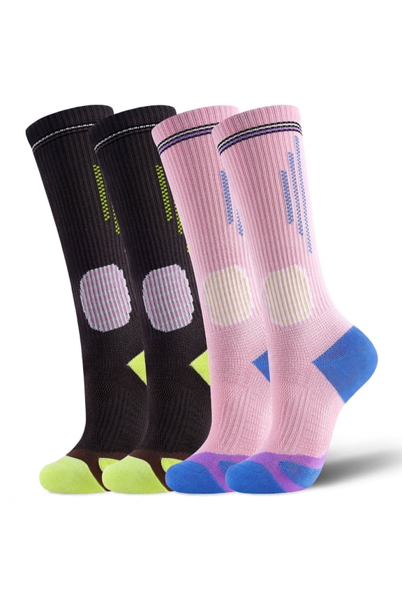 Women's Compression Calf Socks 2 Pairs - 15-20mmHg Arch Support Non Slip Grip Moisture Wicking for Running Tennis Training