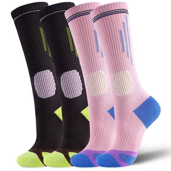 Mqamex Women's Compression Calf Socks 2 Pairs - 15-20mmHg Arch Support Non Slip Grip Moisture Wicking for Running Tennis Training