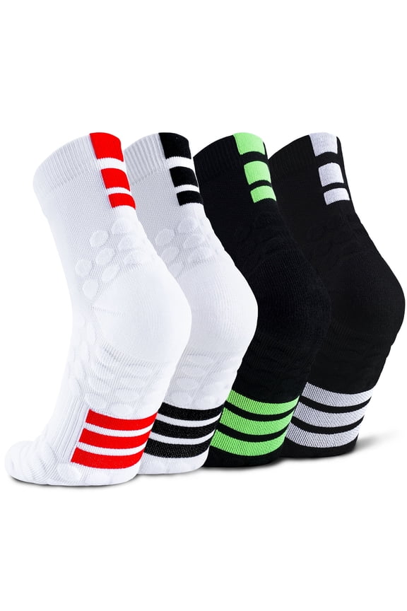 4-Pair Men's Quarter Athletic Socks, Arch Support & Cushioned Non-Slip Sole, Moisture-Wicking Cotton Blend Crew Socks for Gym, Running
