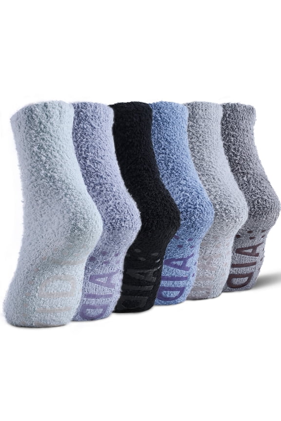 6-Pair Unisex Plush Mid-Crew Socks with Non-Slip Grip, Cloud-Like Soft Fleece Lined Winter Socks in Muted Colors, Cozy Thermal House Socks for Home & Office