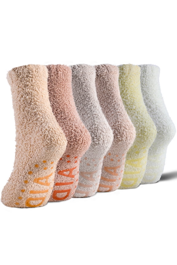 6-Pair Unisex Plush Mid-Crew Socks with Non-Slip Grip, Cloud-Like Soft Fleece Lined Winter Socks in Muted Colors, Cozy Thermal House Socks for Home & Office