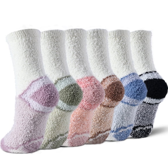 Mqamex 6-Pair Women's Plush Mid-Calf Socks, Soft Thermal Non-Slip House Slipper Socks for Lounge, Sleep & Indoor Comfort
