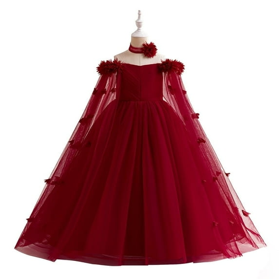 Mqatz Teen Girls Long Evening Party Dress Kids 2pcs Flower Fluffy Dresses Girl Vintage Birthday Gown Formal Clothes