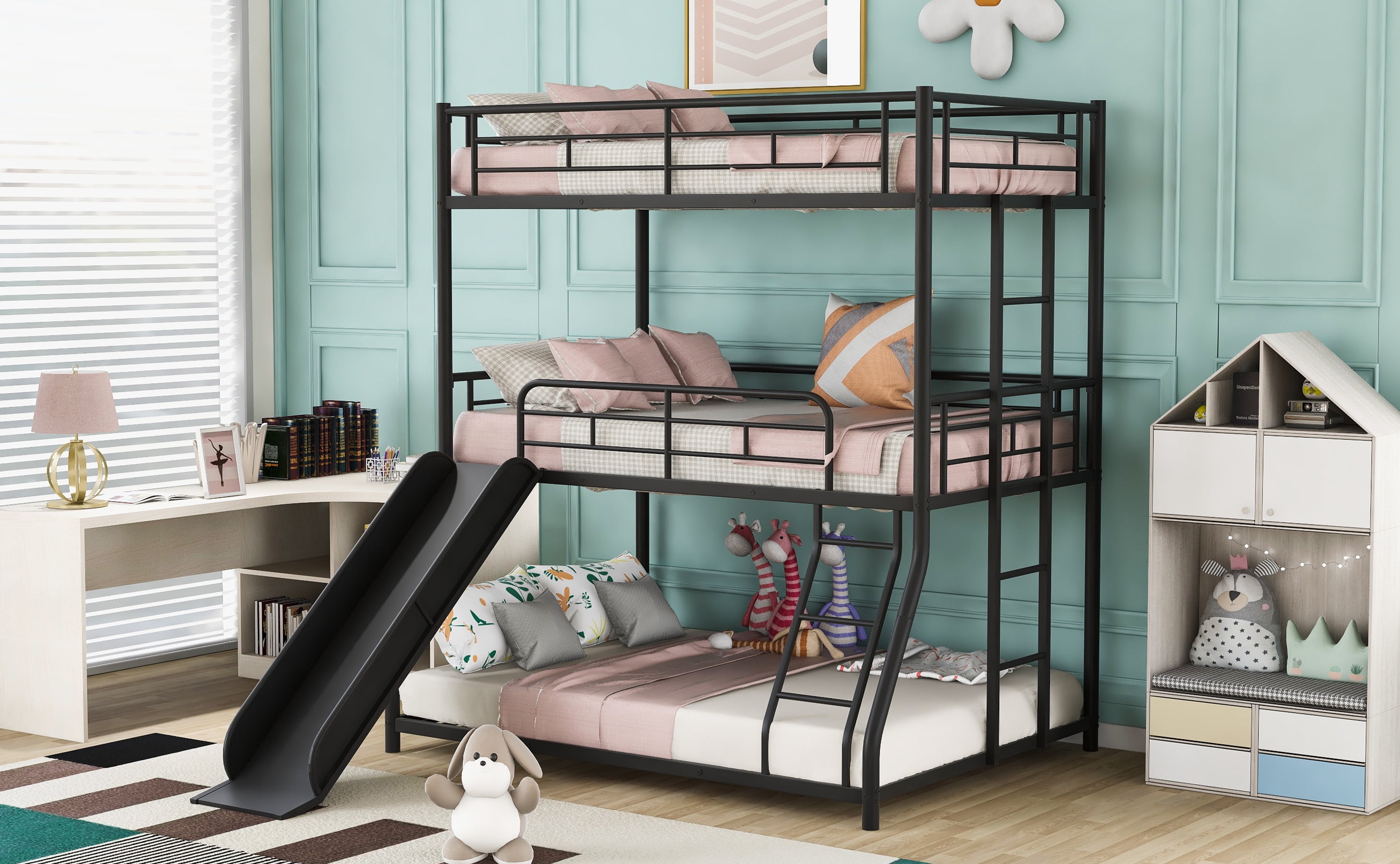 Mqlnutr Twin over Twin over Full Triple Bunk Bed with Long and Short