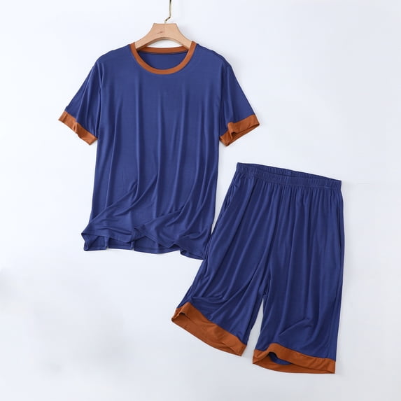 Mqqzkk 2 Piece Loungewear Set For Mens Color Block Pajamas Set Short Sleeve Set Outfits Sweatsuit Summer Soft Sleepwear
