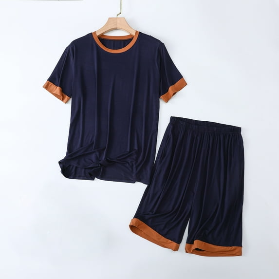 Mqqzkk 2 Piece Loungewear Set For Mens Color Block Pajamas Set Short Sleeve Set Outfits Sweatsuit Summer Soft Sleepwear