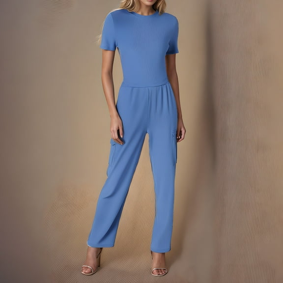 Mqqzkk 2 Piece Sets for Women Casual Slim Fits Summer Travel Vacation Outfits Short Sleeve Wide Leg Business Pants Lounge Sets