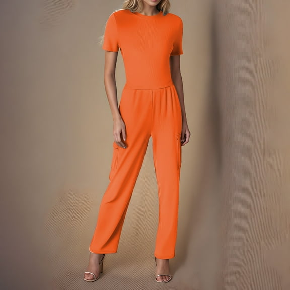 Mqqzkk 2 Piece Sets for Women Casual Slim Fits Summer Travel Vacation Outfits Short Sleeve Wide Leg Business Pants Lounge Sets