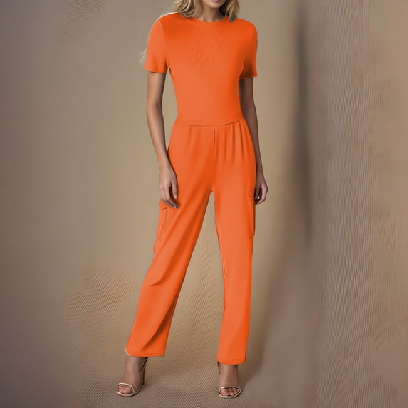 Mqqzkk 2 Piece Sets for Women Casual Slim Fits Summer Travel Vacation Outfits Short Sleeve Wide Leg Business Pants Lounge Sets