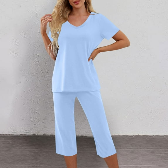 Mqqzkk 2PC Women's Solid Crew Neck Short Sleeve Shirt & Wide Leg Capried Pants Sets Loungewear