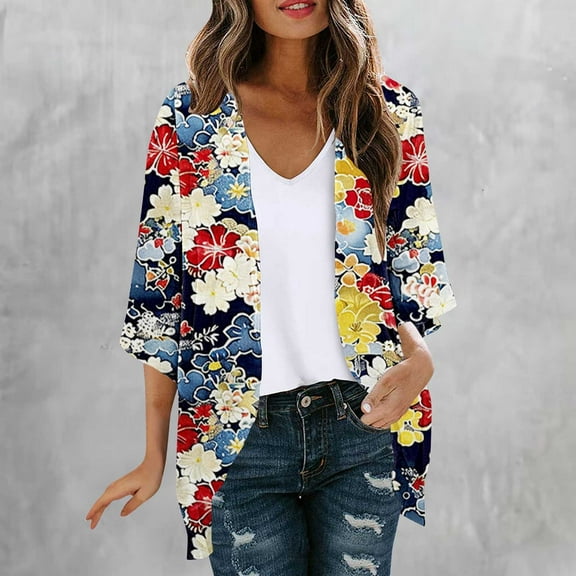 Mqqzkk 3/4 Sleeve Cardigans For Women Lightweight Cardigan Casual Soft Floral Printed Thin Cardigans with Pockets