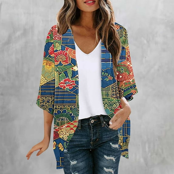 Mqqzkk 3/4 Sleeve Cardigans For Women Lightweight Cardigan Casual Soft Floral Printed Thin Cardigans with Pockets