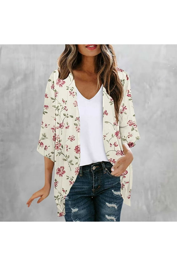 3/4 Sleeve Cardigans For Women Lightweight Cardigan Casual Soft Floral Printed Thin Cardigans with Pockets