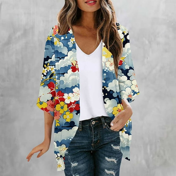 Mqqzkk 3/4 Sleeve Cardigans For Women Lightweight Cardigan Casual Soft Floral Printed Thin Cardigans with Pockets