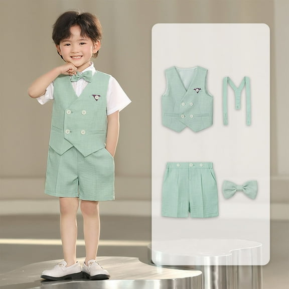 Mqqzkk 4Pcs Summer Boys Suit Kids Dress Clothes Vests & Shorts & Bow Tie & Shoulder Strap Wedding Formal Outfit 2-13 Years Olds（No Shirts ）