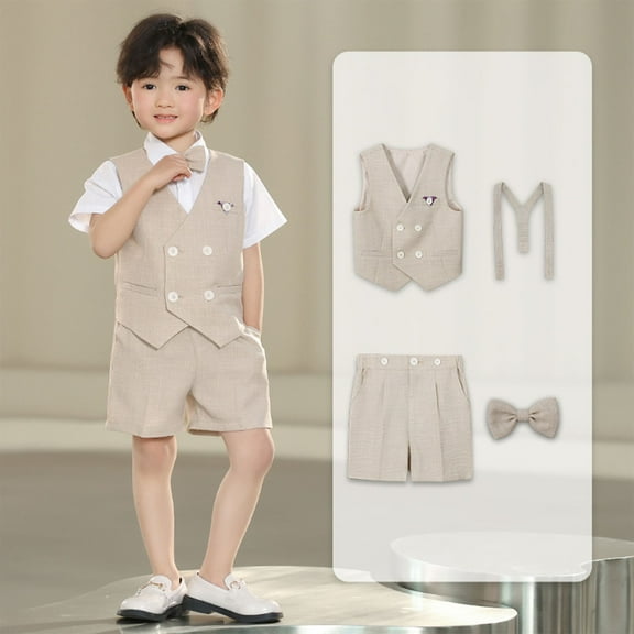 Mqqzkk 4Pcs Summer Boys Suit Kids Dress Clothes Vests & Shorts & Bow Tie & Shoulder Strap Wedding Formal Outfit 2-13 Years Olds（No Shirts ）