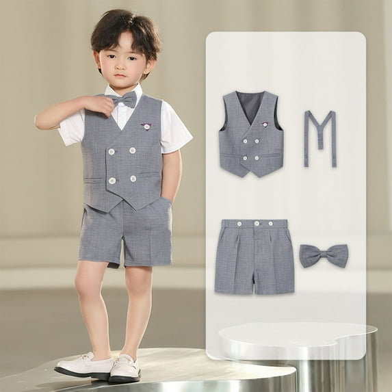 Mqqzkk 4Pcs Summer Boys Suit Kids Dress Clothes Vests & Shorts & Bow Tie & Shoulder Strap Wedding Formal Outfit 2-13 Years Olds(No Shirts )