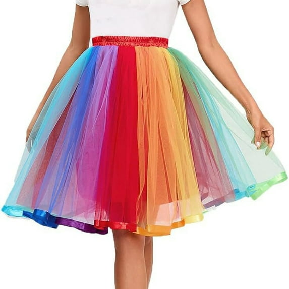 Mqqzkk Colorful Skirts for Women Knee Length Tiered Skirt A Line Mesh Yarn Skirts Elastic Waist Skirts