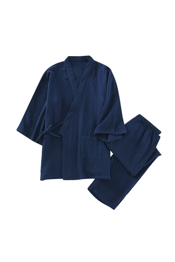 Cotton Pajama Set For Mens Front Tie Solid Color Nightwear Two Piece Pajama Set Long Sleeve Pant Sleepwear With Pockets