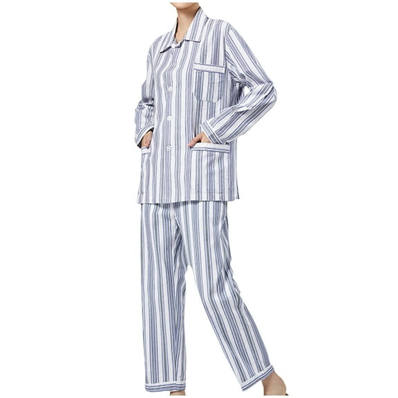 Mqqzkk Cotton Pajamas Set For Women Strip Lapel Collar Shirt Fashion Long Sleeves Top Pants Pajama Set Soft Sleepwear With Pockets S