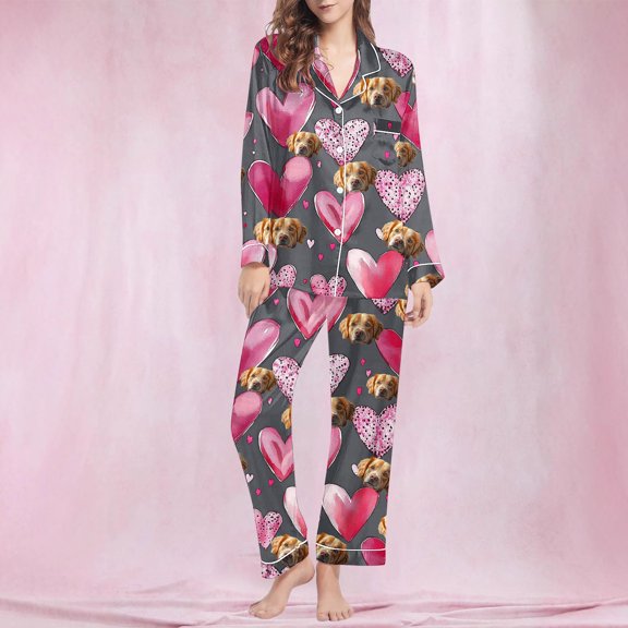 Mqqzkk Cute Pajamas Set For Womens Long Sleeve Button Up Graphic Print Funny Pjs Set Pajama Set Sleepwear M