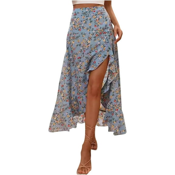 Mqqzkk Flower Printed Skirts For Women Slit Split Ruffle Long Skirts High Waisted Summer Flowy Maxi Skirts Fashion A Line Skirts