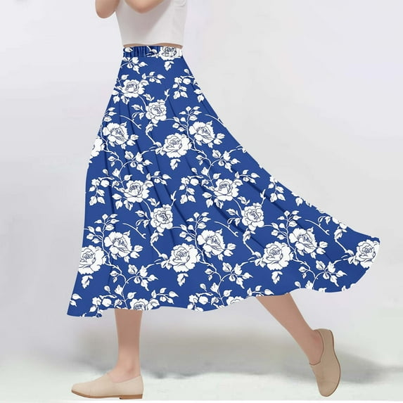 Mqqzkk Flower Printed Skirts For Women Summer Skirts Casual Fashion Pleated Fold Elastic Waist Irregular Skirt
