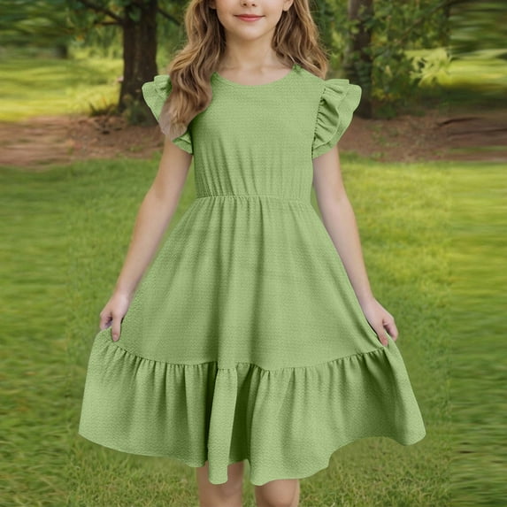 Mqqzkk Girls Cute Dress Fashion Cap Sleeve A-Line Sundress Casual Flowy Regular Fits Midi Dresses for 5-15 Years Kids