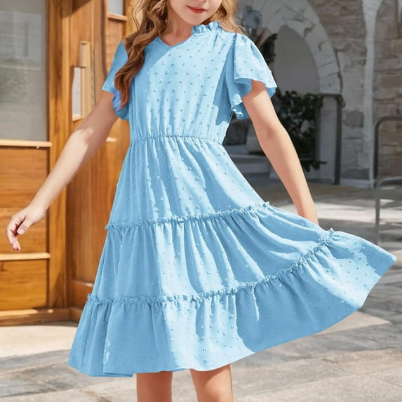 Mqqzkk Girls Girly Dress Flower Dots Ruffle Short Sleeve Twirly Cute Dresses Tiered Smocked Dress 3-14 Years Old Midi Dress